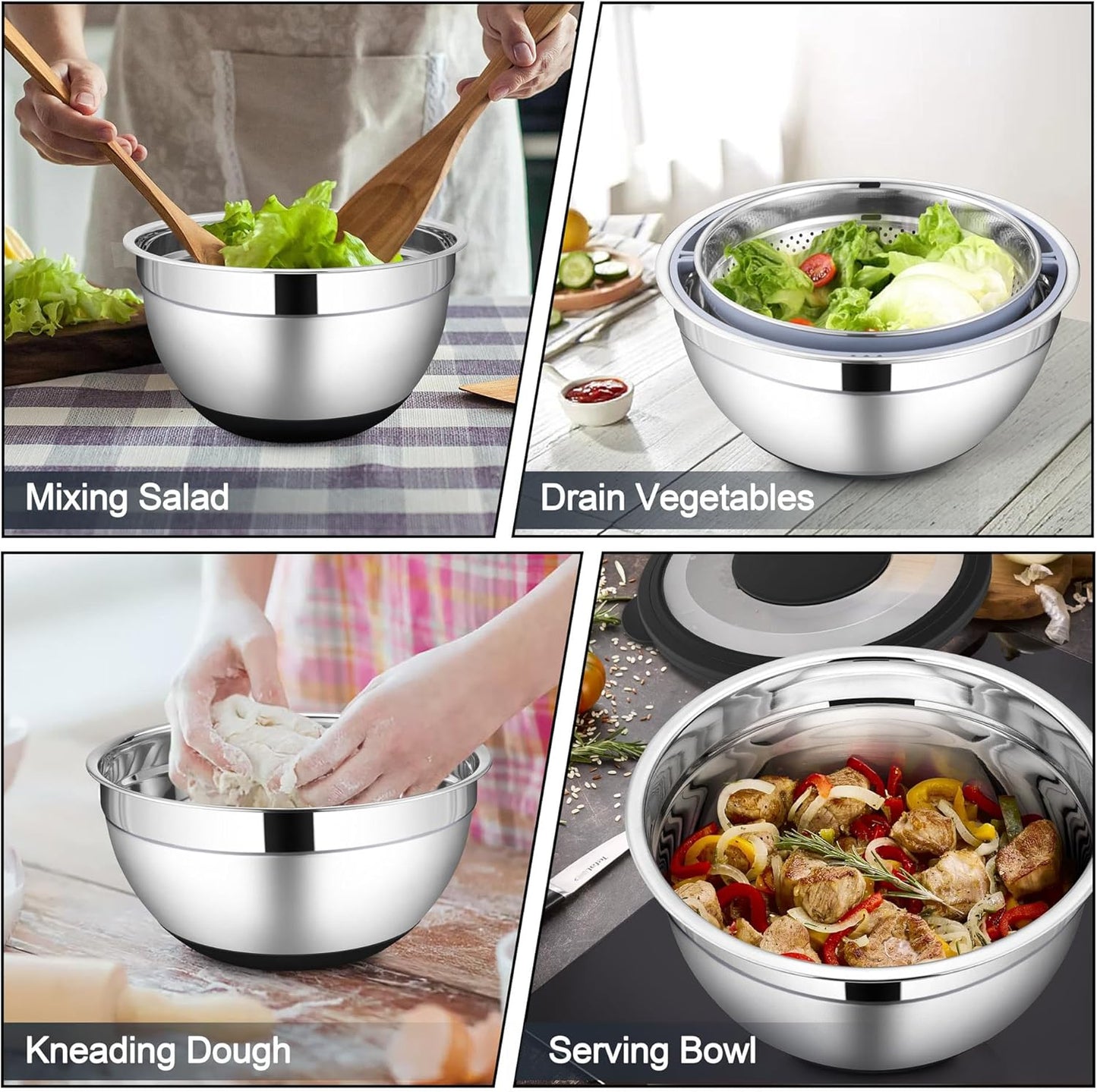 HaWare Mixing Bowl with Colander, 4-1 Stainless Steel Bowl Set with Lids & 3 Pcs Nesting Graters, Rotatable Food Strainer for Rinsing Fruits Vegetables, Non-Slip Bottom, Black