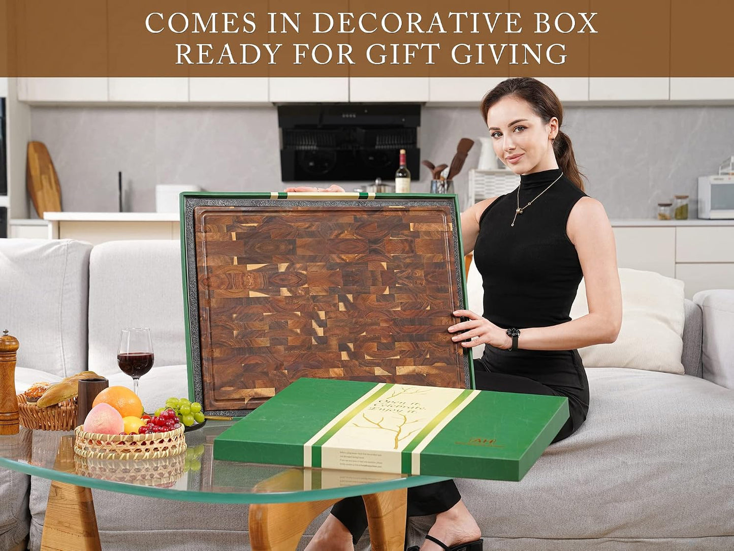 AZRHOM Large Wood Cutting Boards Set of 4 for Kitchen Cheese Charcuterie Board (Gift Box Included) Acacia Butcher Block with Non-slip Mats, Juice Groove and Handles (16x12, 14x10, double 11x8 inch)-4