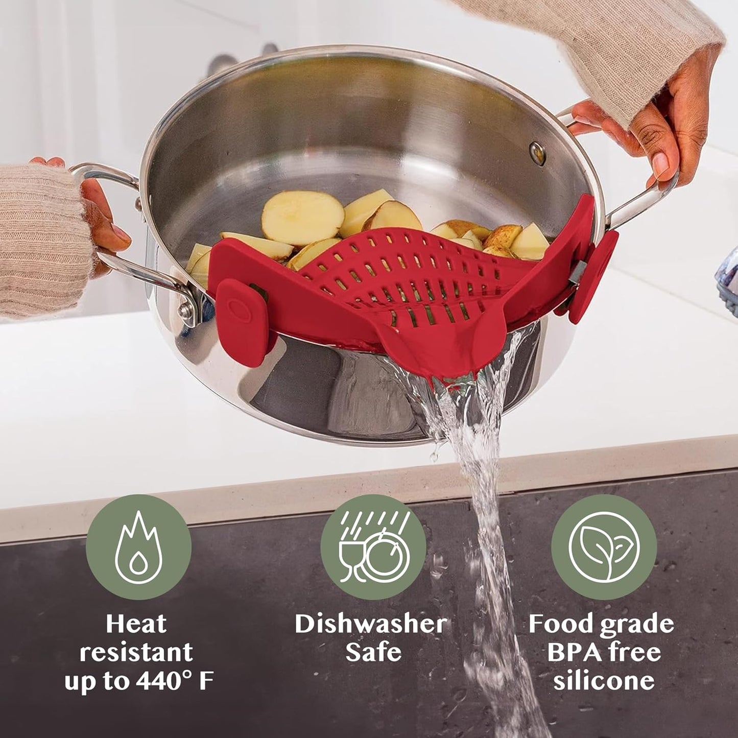 Kitchen Gizmo Snap N' Strain - Silicone Pasta Strainer Clip-On for Pots and Pans - Heat Resistant Colander for Vegetables and Noodles - Kitchen Gadgets for Cooking - Space-Saving Design - Gray