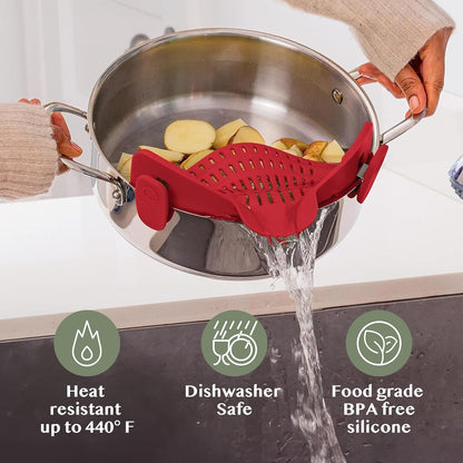 Kitchen Gizmo Snap N' Strain - Silicone Pasta Strainer Clip-On for Pots and Pans - Heat Resistant Colander for Vegetables and Noodles - Kitchen Gadgets for Cooking - Space-Saving Design - Gray