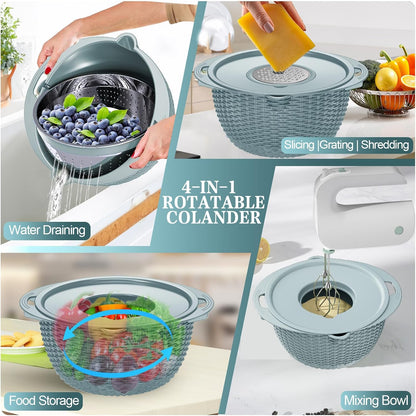 4-in-1 Colander with Bowl Set — Patented 360° Rotatable Strainer Bowl with 3 Graters, Snap-On Lid & Non-Slip Base, Funny Kitchen Present for Women, Aesthetic Pasta Fruit Vegetable Strainer (Beige)