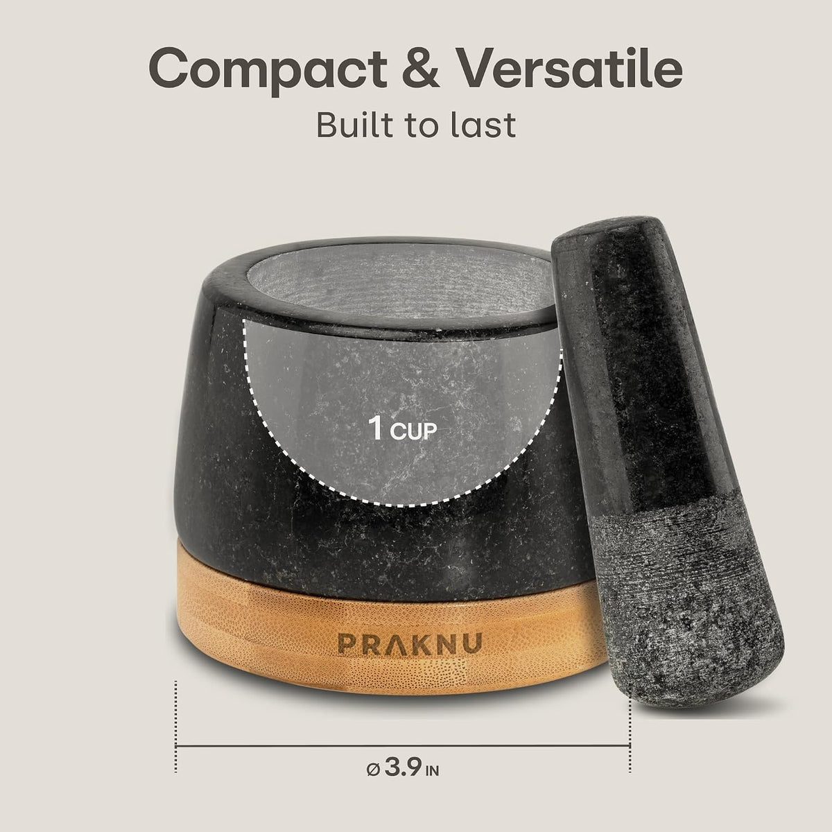 Praknu Mortar and Pestle Set Small - Heavy-Duty 1 Cup Stone Grinder for Spices & Herbs - Durable Granite Molcajete - Guacamole Bowl with Non-Slip Wooden Base - Effortless Grinding & Easy to Clean