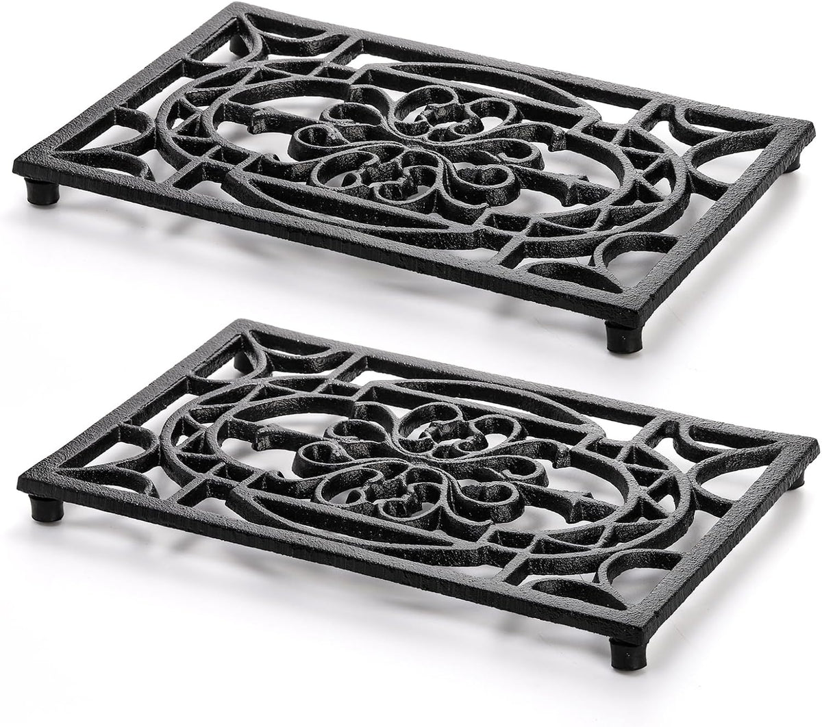 Fasmov 2 Pack Rectangle Cast Iron Trivet, 9.4 x 6.2 Inch Heat Resistant Trivet for Hot Dish Pot Pan Plate Teapot, Decorative Trivet with Rubber Feet, Pot Holders for Kitchen Dining Countertop Table