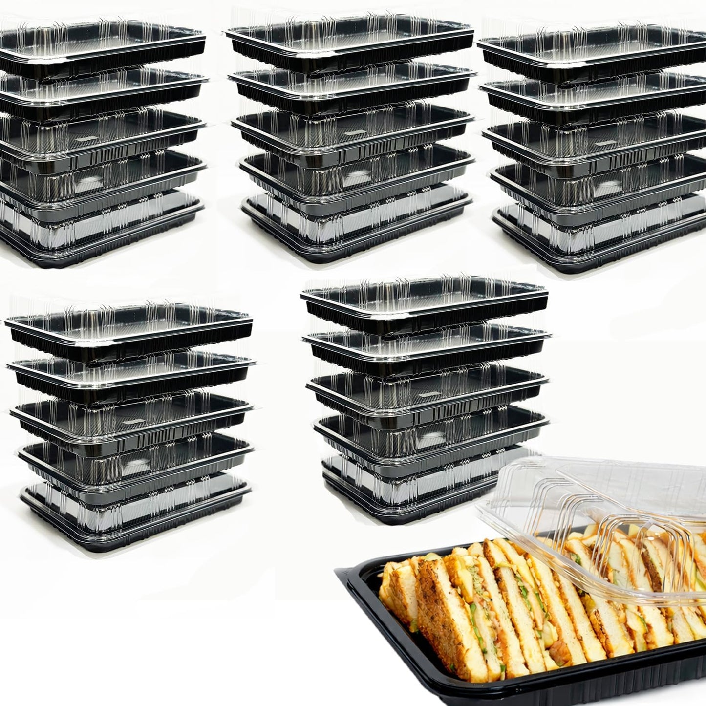 TRAYA Pack of 10 Serving Tray with lid - Reusable Catering Trays with Lids 13inch Long for Meal Prep, Cakes, Treats and Sandwiches (15.35 × 11.42 × 2.95inch)