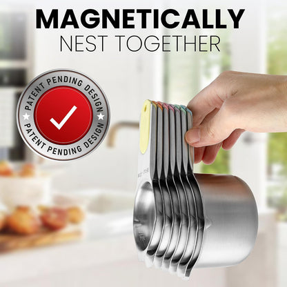 Spring Chef Stainless Steel Measuring Cups Set of 7 with Pour Spout - Nesting Kitchen Tools with Easy Read Markings to Measure Dry or Liquid Ingredients - Metal Measuring Cups for Baking & Cooking