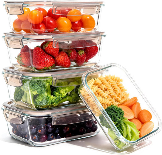 Glass Meal Prep Containers 5 Pack - Lunch Boxes with Leakproof Lids, Food Storage Containers, Bento Boxes, Gray (3 Compartment)