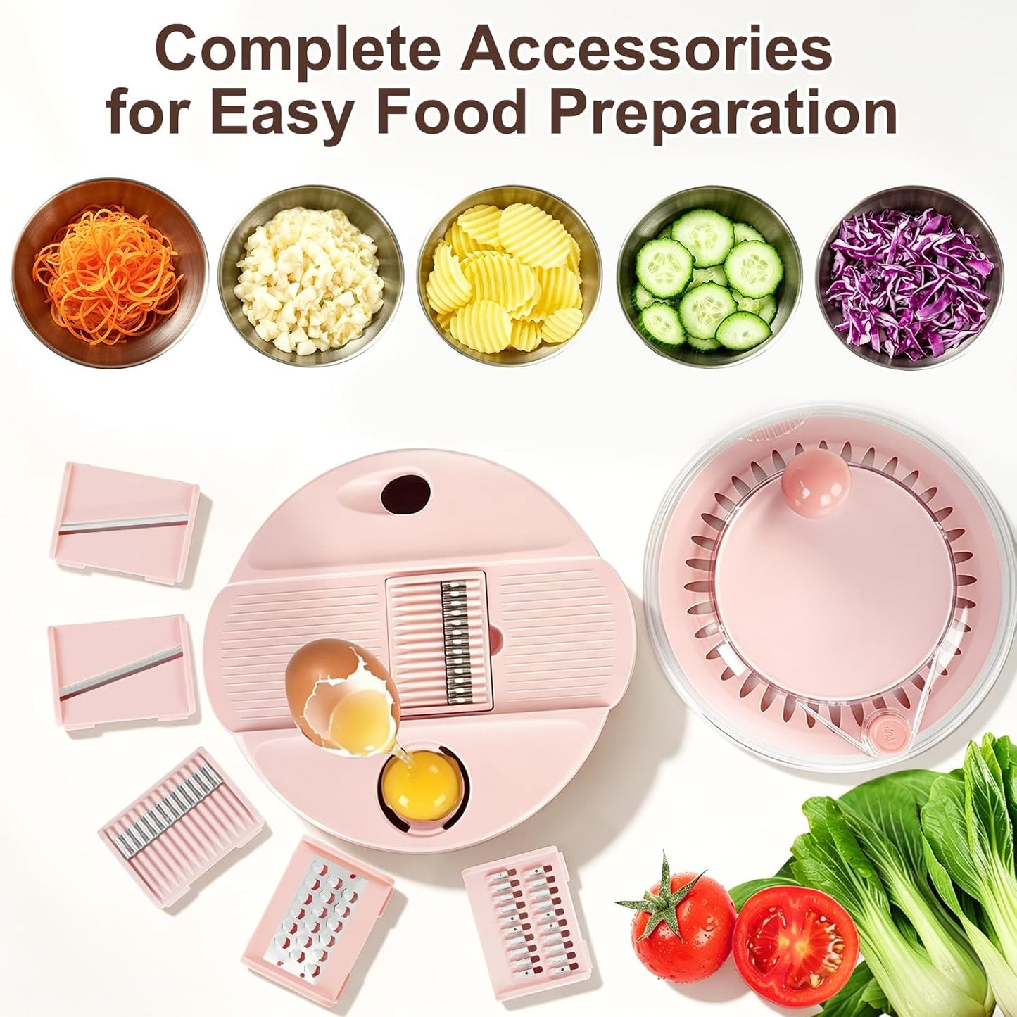 Stainless Steel Salad Spinner Large with 5 Blades Slicer, Lettuce Washer Spinner and Dryer, Vegetable Fruits Chopper Bowl, Egg Yolk Strainer Comes with Dipping Saucers and Clip, 5.3Qt