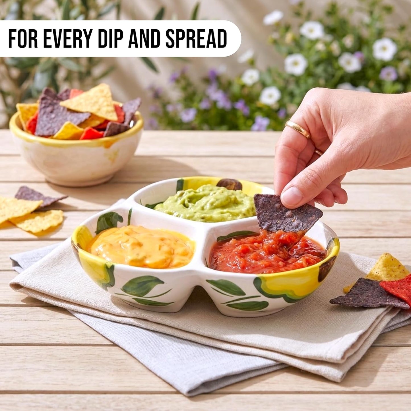 Ceramic Chip & Dip Bowl 7.5”, 3-Compartment Divided Serving Dish & Condiment Tray for Appetizers – Handmade in Spain, Lead-Free Glaze, Microwave, Oven & Dishwasher Safe