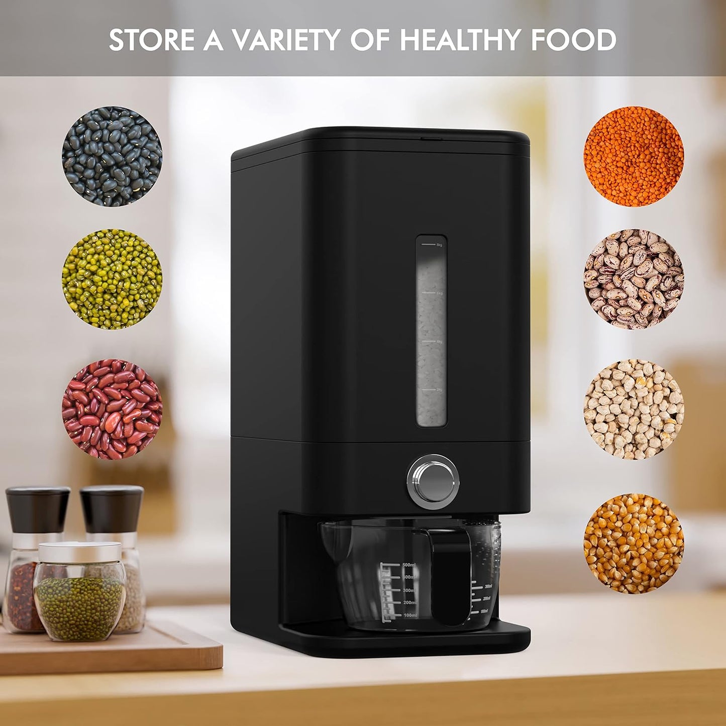 25lb Rice Dispenser - Air Tight Grain & Rice Container With Smart Quantity Dispense, Measuring Cup - NEW Black Design Grain Storage Container.