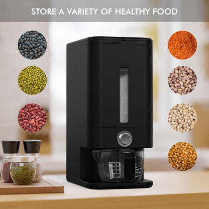 25lb Rice Dispenser - Air Tight Grain & Rice Container With Smart Quantity Dispense, Measuring Cup - NEW Black Design Grain Storage Container.