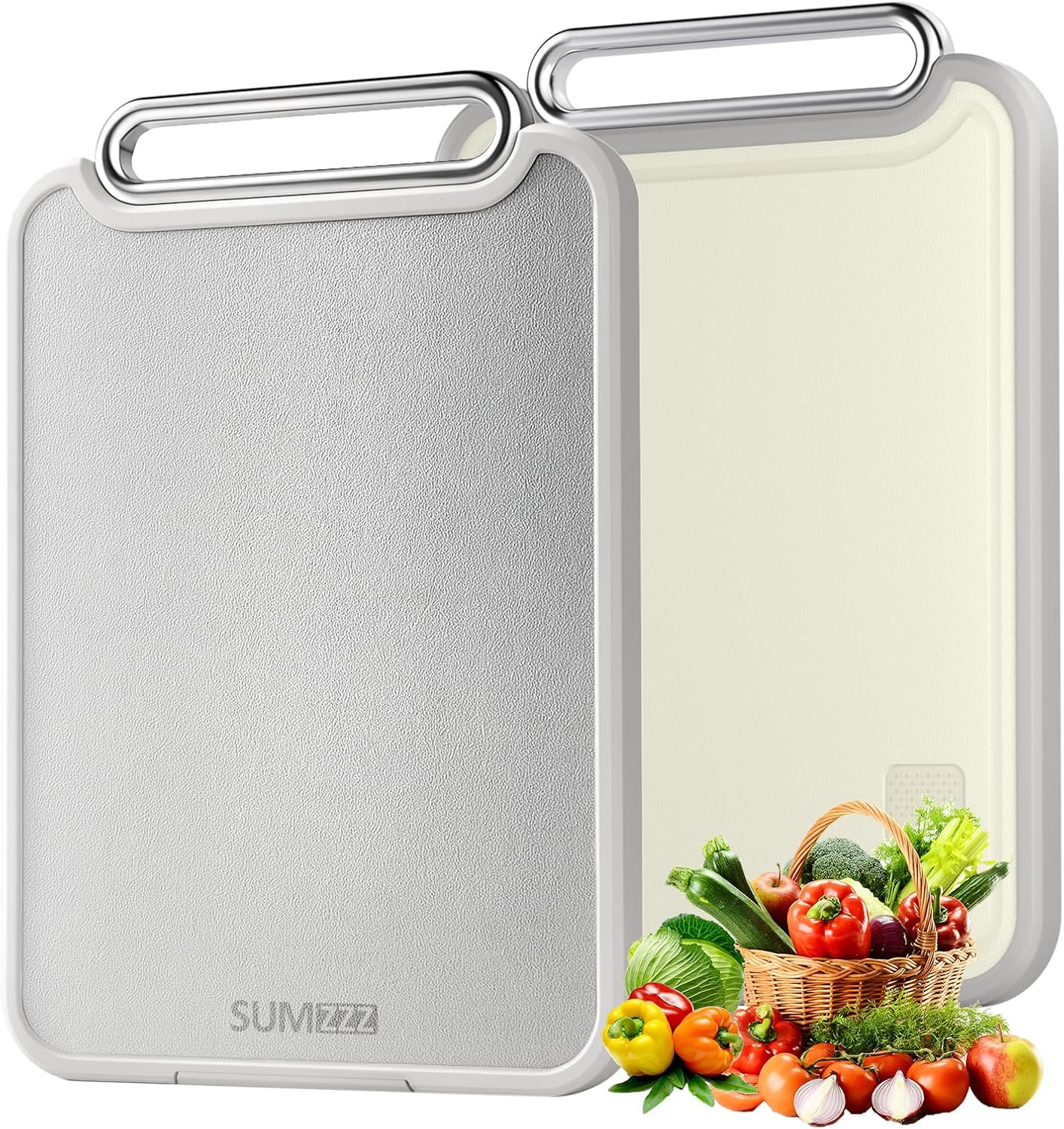 Sumzzz Stainless Steel Cutting Board for Kitchen, 2-in-1 Double-Sided Chopping Board, Food Grade Stainless Steel/PP (Silver, Set of 2(S+M))