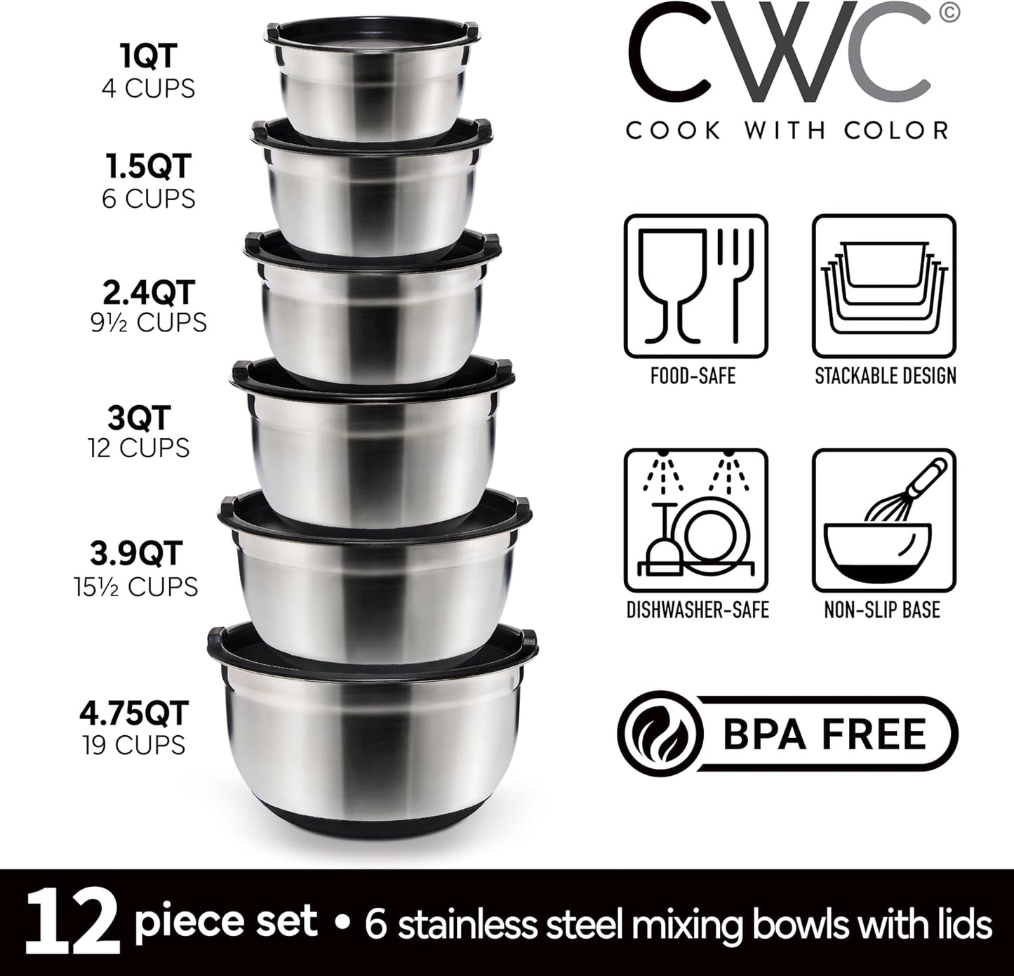COOK WITH COLOR Stainless Steel Mixing Bowls Set with Lids - Nesting Bowls with Non-Slip Bottom, Sage, 12 Pieces