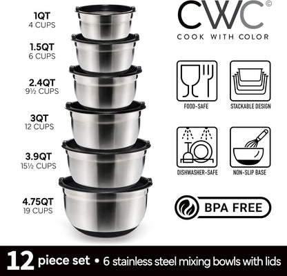 COOK WITH COLOR Stainless Steel Mixing Bowls Set with Lids - Nesting Bowls with Non-Slip Bottom, Sage, 12 Pieces