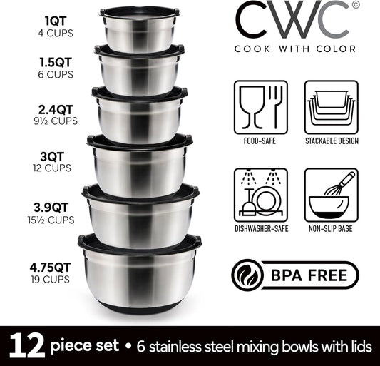 COOK WITH COLOR Stainless Steel Mixing Bowls Set with Lids - Nesting Bowls with Non-Slip Bottom, Sage, 12 Pieces