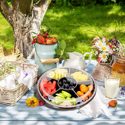 10 Pcs Round Plastic Appetizer Tray with Lid Divided Serving Tray Disposable Food Storage Trays Containers Plastic Tray Storage Snack Fruit Vegetable Trays for Party (black, 13.7 x 13.7 x 2 Inch)