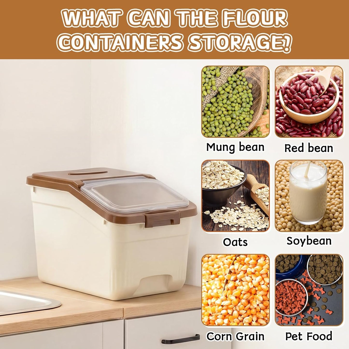 Blushtier 4 Pack Large Rice Storage Containers 30 Lbs Airtight Flour Container with Seal Locking Lid and Measuring Cup Kitchen Dry Food Storage Bins for Cereal Sugar Beans(Transparent White)