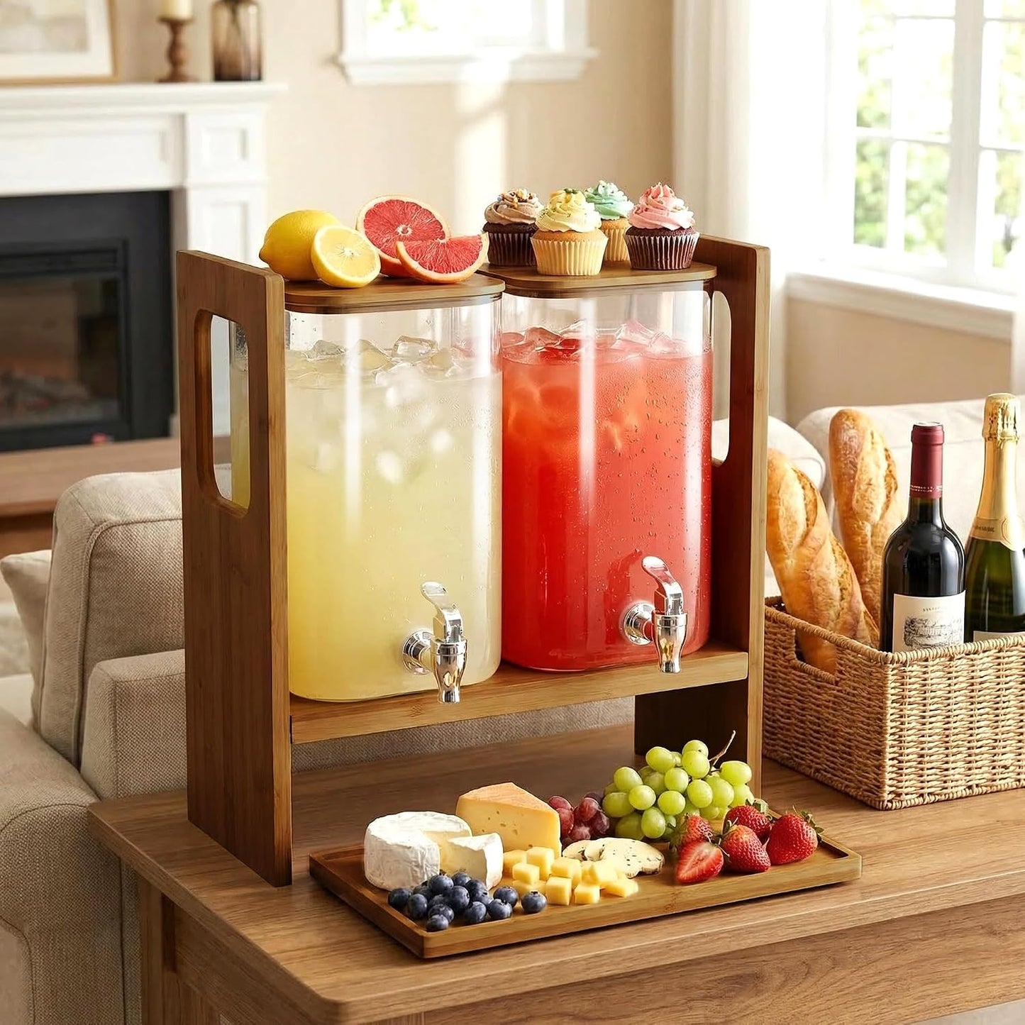 2 PCS 1.2 Gallon Drink Dispenser, Glass Beverage Dispenser with Wood Stand and Detachable Food Platter, Party Drink Dispensers for Lemonade, Juice, Tea, Ice Coffee