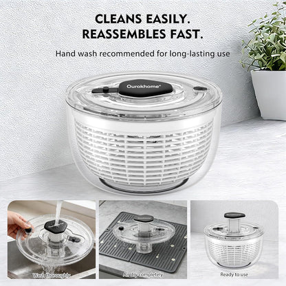 Ourokhome 6.3 QT Salad Spinner with Fully Removable Lid, Large Lettuce Dryer with One-Hand Press Pump, Instant Stop Brake Button and Retractable Handle, Vegetable Washer & Spinner for Greens and Herbs