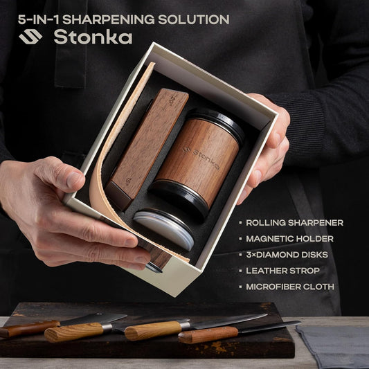 Stonka Walnut Rolling Knife Sharpener Kit – Premium Dark Wood, Diamond Wheels, Magnetic Angle Guide 15° & 20°, Leather Strop – Giftable Packaging