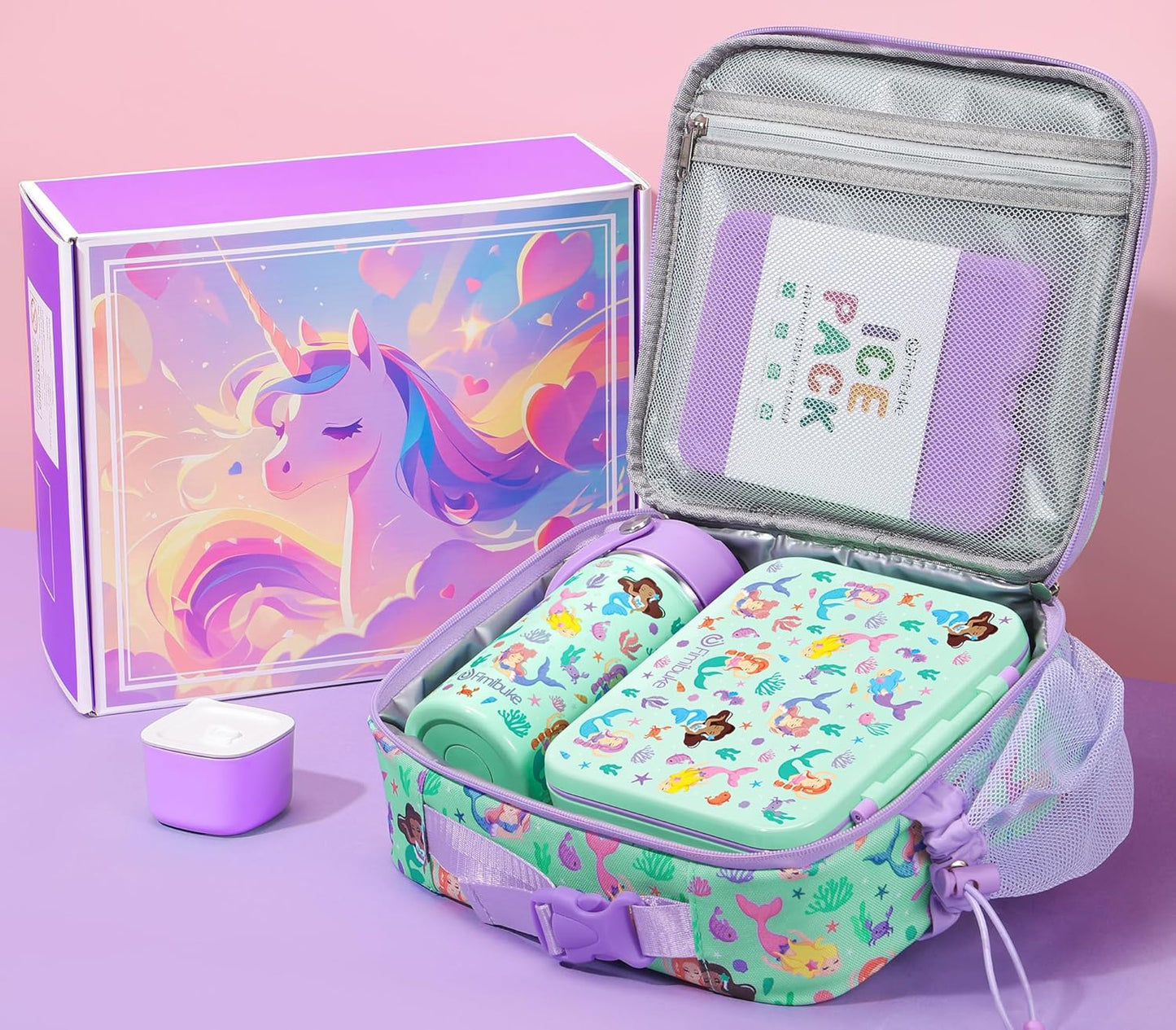 Fimibuke Bento Lunch Box for Kids - Toddler Snack Bento Box Container with 3 Compartments, Stainless Steel Water Bottle, Insulated Lunch Bag, Ice Pack Set for Ages 3-12 Girl Boy Daycare Back to School
