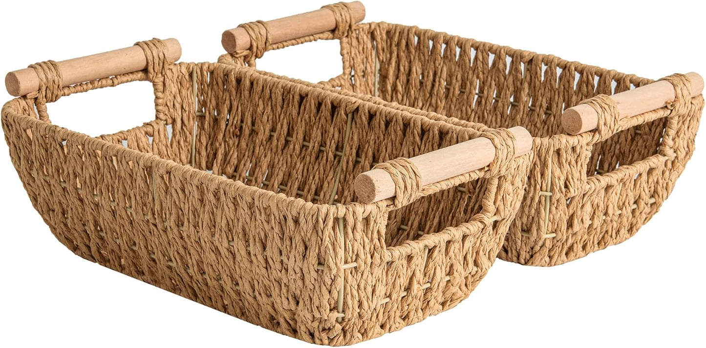 StorageWorks Hand-Woven Storage Baskets with Wooden Handles, Water Hyacinth Wicker Baskets for Organizing, 2 Pack