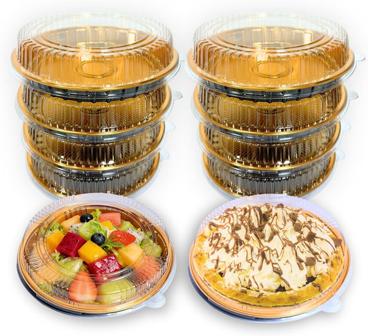 Disposable Pie Carrier with Clear Lid, 9.8 Inch Gold Plastic Serving Tray, Round Pies Holder for Pizza Dessert Salad Fruit Baking Meal Prep, 8 Pack