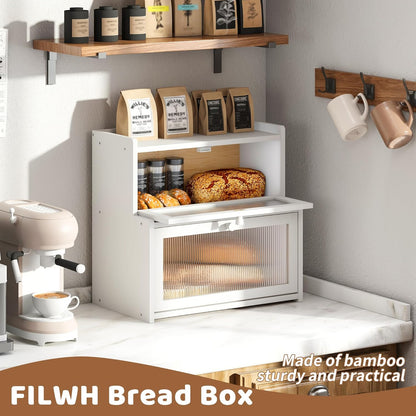 FILWH Bread Box for Kitchen Countertop Double Layer Large Corner Bread Box Capacity Bread Storage Bin Farmhouse Breadbox Container Organizer Cabinet Cupboard Black