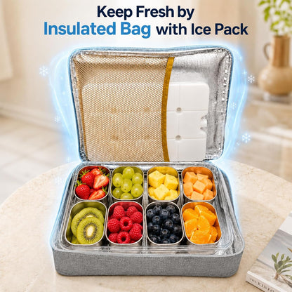 Stainless Steel Snackle Box Container, Divided Serving Tray | 8-Compartment with Lid and Handle, Large Snack Tray for Fruit Veggie Candy