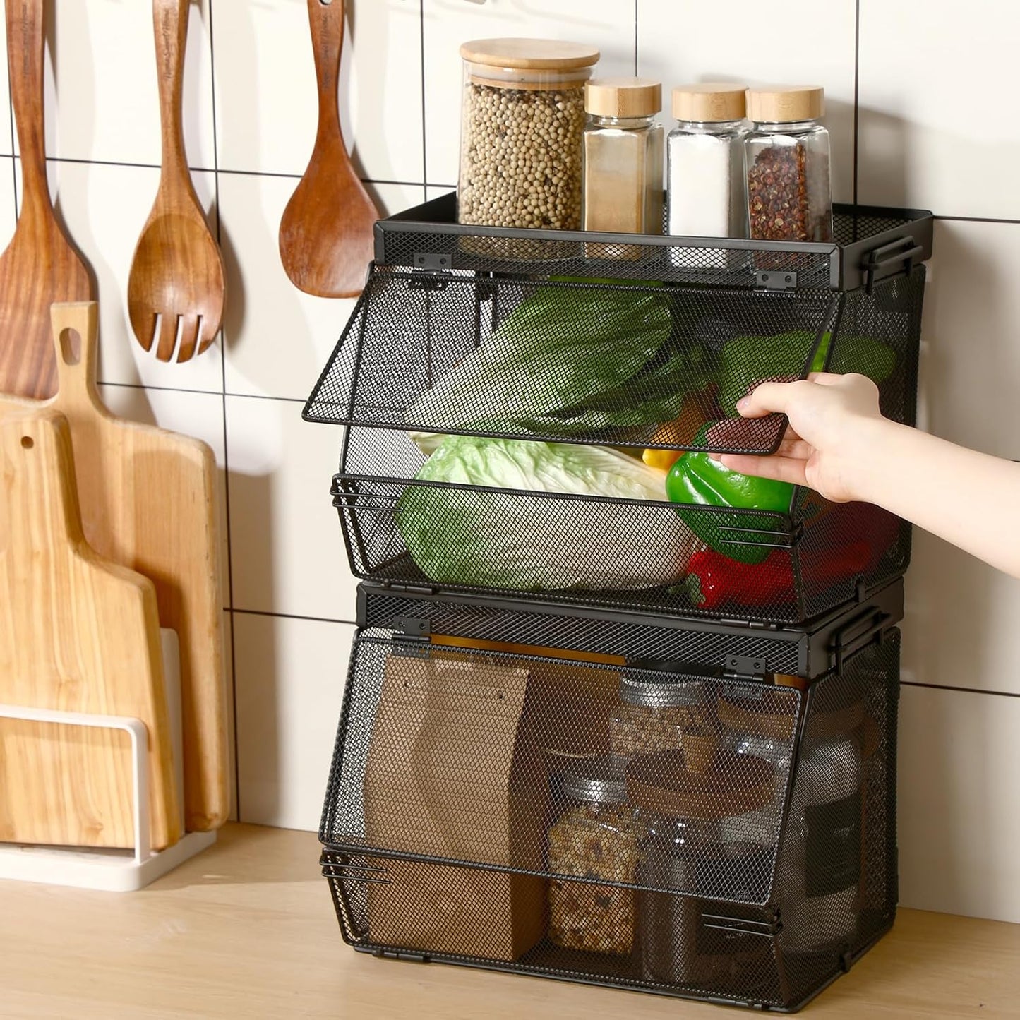 Teenyyou 2 Pcs Stackable Mesh Fruit Basket with Lid Wall Produce Vegetable Storage Basket Onion Potato Hanging Metal Wire Container for Kitchen Counter Pantry(Non-removable,Black,8.3" w & 13.8" l)