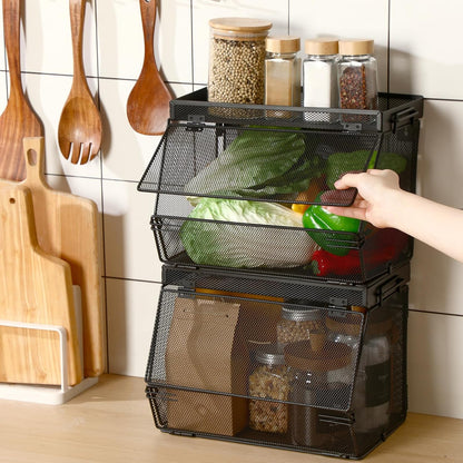 Teenyyou 2 Pcs Stackable Mesh Fruit Basket with Lid Wall Produce Vegetable Storage Basket Onion Potato Hanging Metal Wire Container for Kitchen Counter Pantry(Non-removable,Black,8.3" w & 13.8" l)