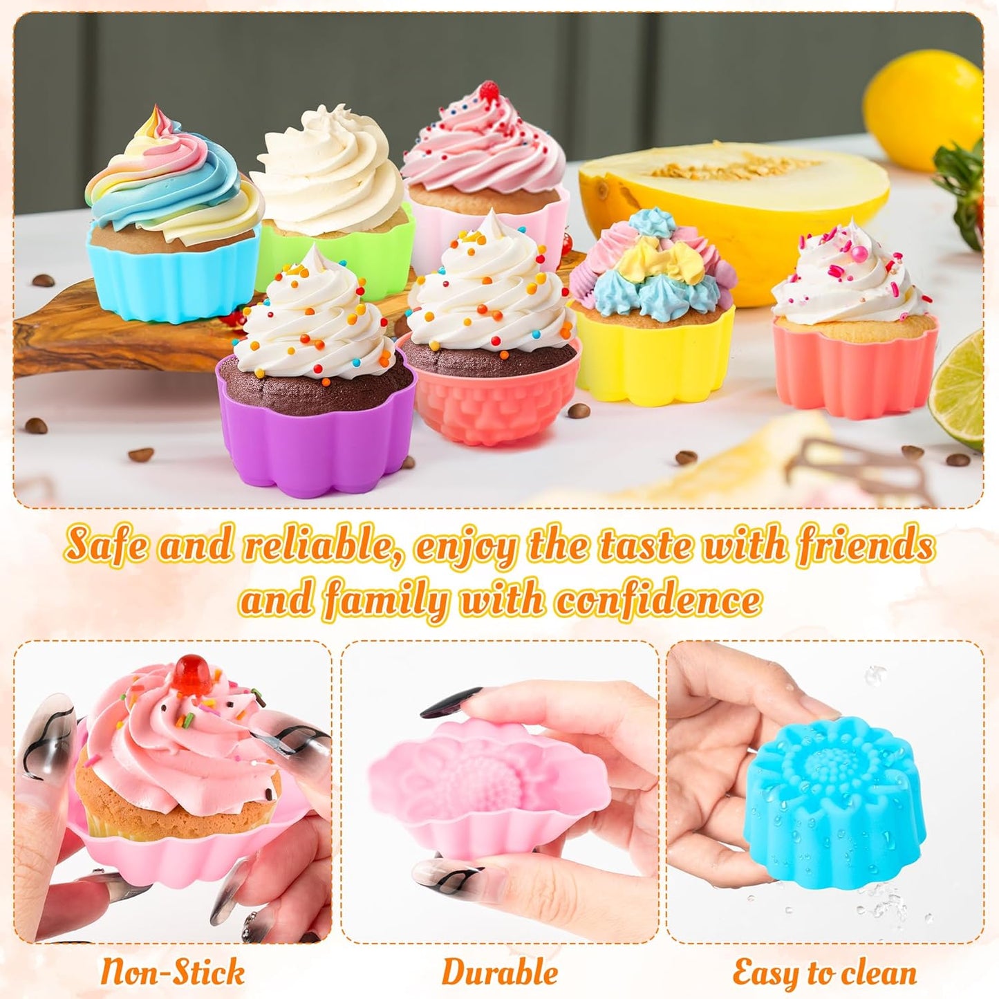 R HORSE Mini Silicone Cupcake Liners Molds - 60Pcs 2 Inch Muticolor Floral Shaped Baking Cups, Reusable Non-Stick Cupcake Wrappers Muffin Baking Liners for Oven Microwave Dishwasher Safe