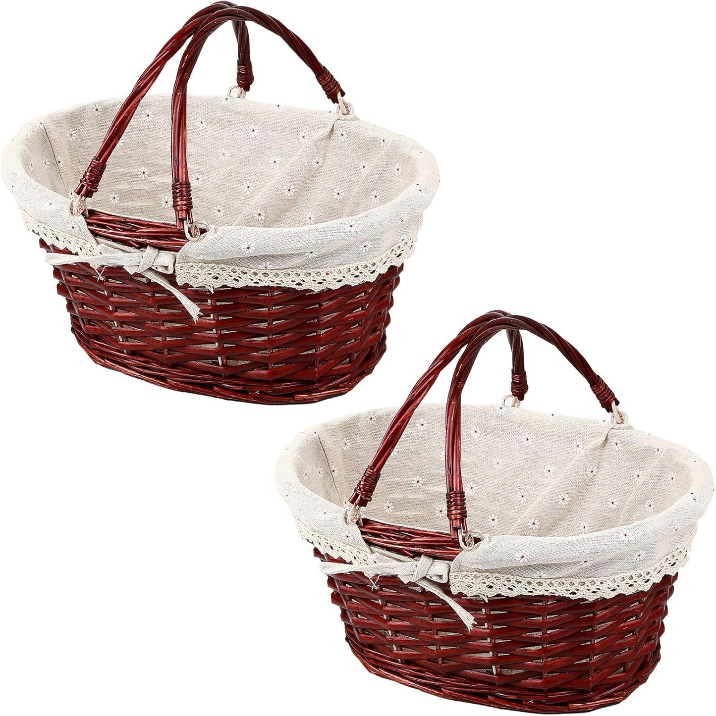KINJOEK 2 Packs Wicker Woven Basket, 13" x 9" x 4.8" Multipurpose Natural Willow Basket with Handle Premium Linen Cotton Cloth Lining for Storage and Decoration, Natural