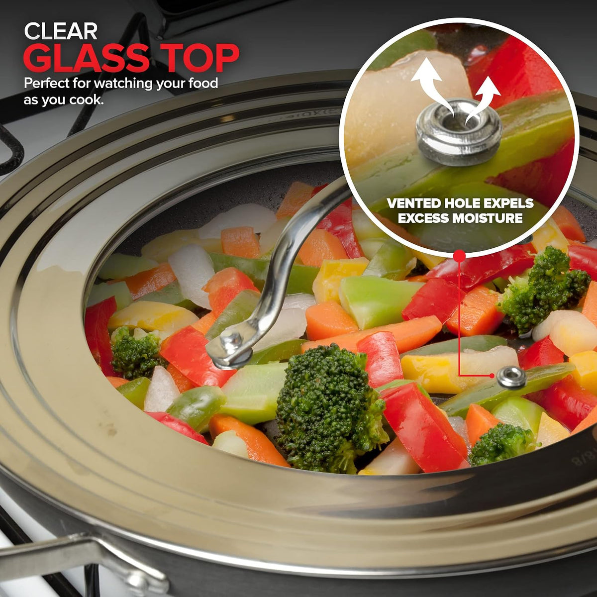 Modern Innovations Universal Lids with Tempered Glass (2 Pack), Fits 8.25 to 12 Inch Pots and Pans, Replacement Frying Pan Covers and Cast Iron Skillet Lids with Stainless Steel Rim