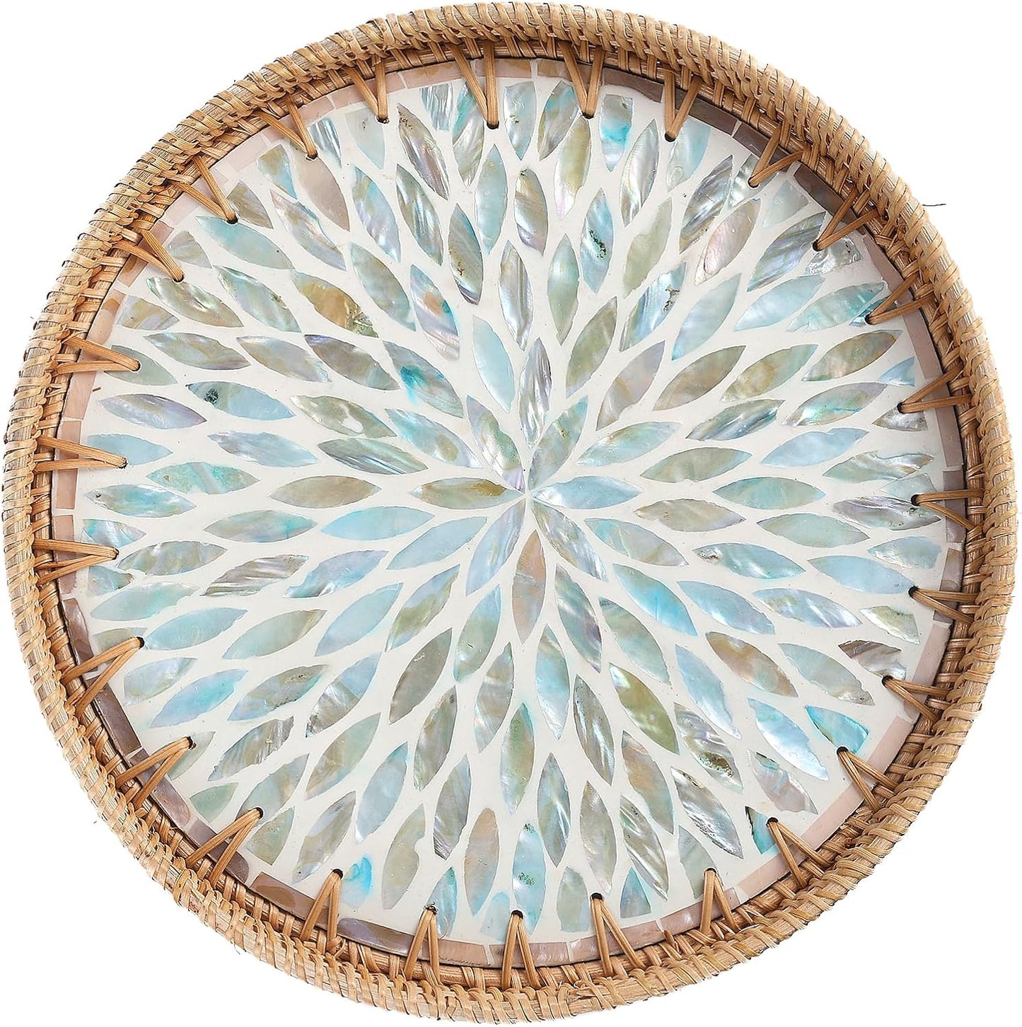 Round Rattan Tray with Mother of Pearl Inlay, Rattan Serving Tray for Coffee, Bread, Fruits, Decorative Wicker Tray for Table Decor, Home Decor, Kitchen Island Decor(Black Checkerboard, 11.8")
