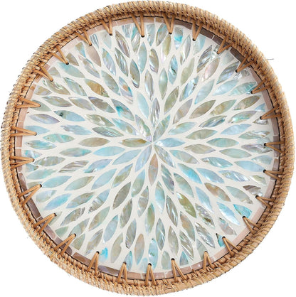 Round Rattan Tray with Mother of Pearl Inlay, Rattan Serving Tray for Coffee, Bread, Fruits, Decorative Wicker Tray for Table Decor, Home Decor, Kitchen Island Decor(Black Checkerboard, 11.8")
