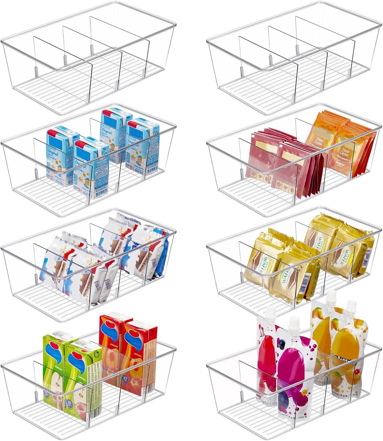 Vtopmart 6 Pack Food Storage Organizer Bins, Clear Plastic Bins for Pantry, Kitchen, Fridge, Cabinet Organization and Storage, 4 Compartment Holder Packets, Snacks, Pouches, Spice Packets