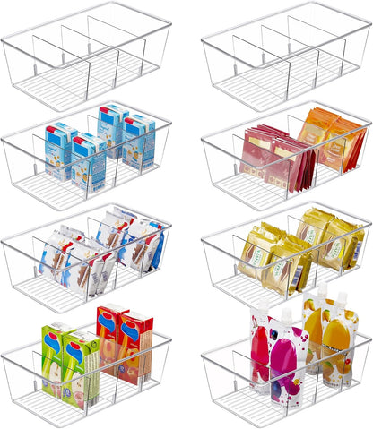 Vtopmart 6 Pack Food Storage Organizer Bins, Clear Plastic Bins for Pantry, Kitchen, Fridge, Cabinet Organization and Storage, 4 Compartment Holder Packets, Snacks, Pouches, Spice Packets