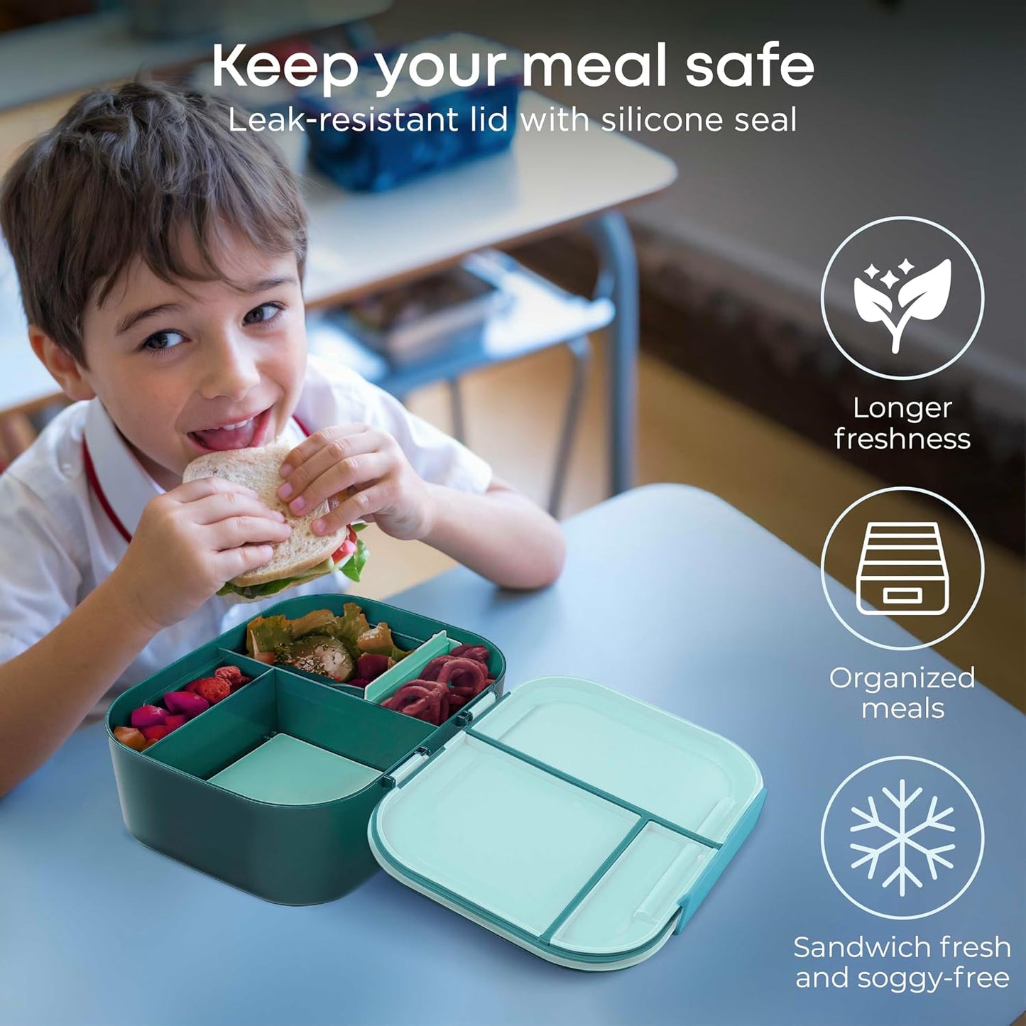 KARRICO Leakproof Lunch Box – 3-Compartment Bento Box, Cooler Pack & Adjustable Divider, Extra Large & BPA-Free – Dishwasher Safe, Ideal for On-the-Go Meals, Green