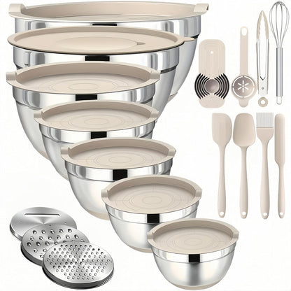 Mixing Bowls with Lids Set,7PCS Stainless Steel Bowls with 3 Grater Attachments and Measuring Spoons,Ideal for Kitchen Cooking & Serving,Non-slip Bottoms Size 6, 4, 3, 2.1,1.5,1,0.63QT (Black)