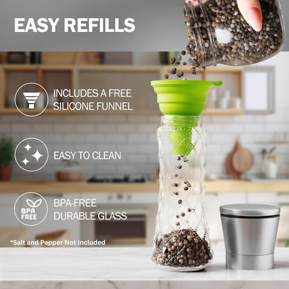 Home EC Premium Stainless Steel Sea Salt and Pepper Grinder Set of 2 - Adjustable Ceramic - Tall Glass Salt and Pepper Shakers - Kitchen Spice Mill W/Funnel & EBook