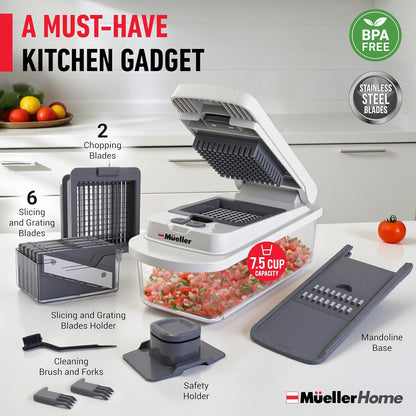 MUELLER HOME Pro-Series 10-in-1, 8 Blade Stainless Steel Multi Vegetable Chopper And Mandoline Slicer, Kitchen Tools and Gadgets, Food and Veggie Chopper, Mincer, Dicer, French Fry Cutter, Black