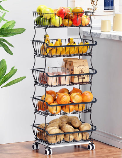 OKZEST 3-Tier Rolling Pantry Floor Organizer and Storage Cart with Wheels, Stackable Wire Pantry Baskets for Pantry Shelves, Kitchen Storage Rack and Fruit Basket Stand for Fruit Snack Onion Potato