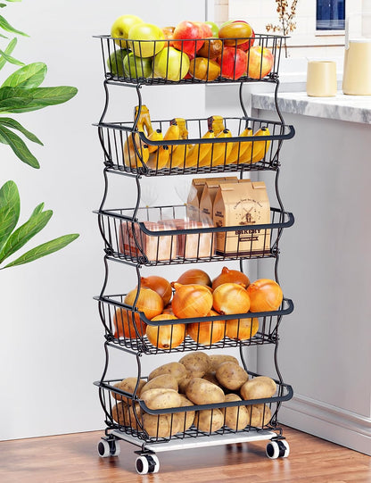 OKZEST 3-Tier Rolling Pantry Floor Organizer and Storage Cart with Wheels, Stackable Wire Pantry Baskets for Pantry Shelves, Kitchen Storage Rack and Fruit Basket Stand for Fruit Snack Onion Potato
