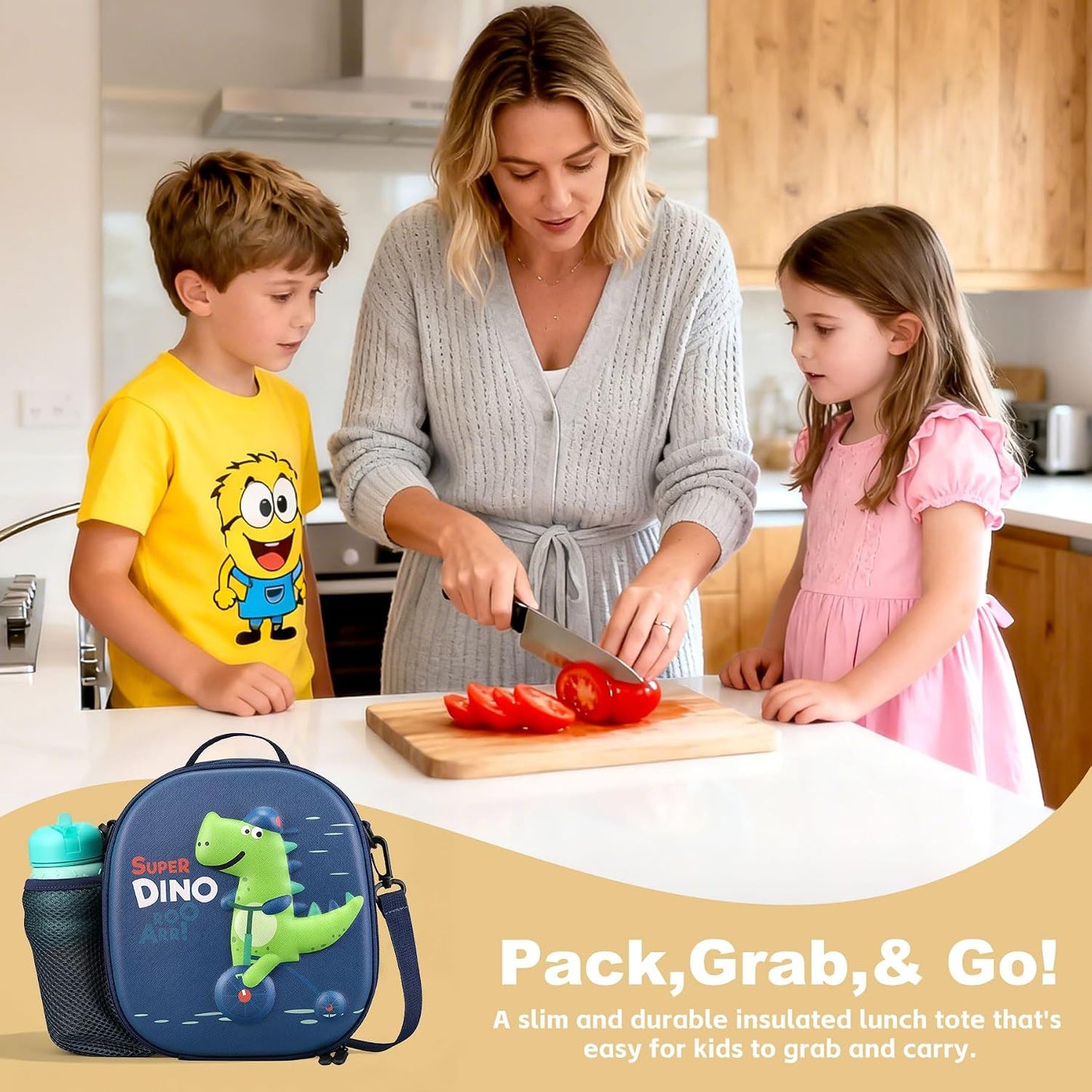 Kids Lunch Box for Kids Insulated Reusable Lunch Bag Tote Durable Children Leak-proof Lunchbox with Adjustable Shoulder Strap for School Daycare Travel Picnic (Navy - 3D Dinosaur)