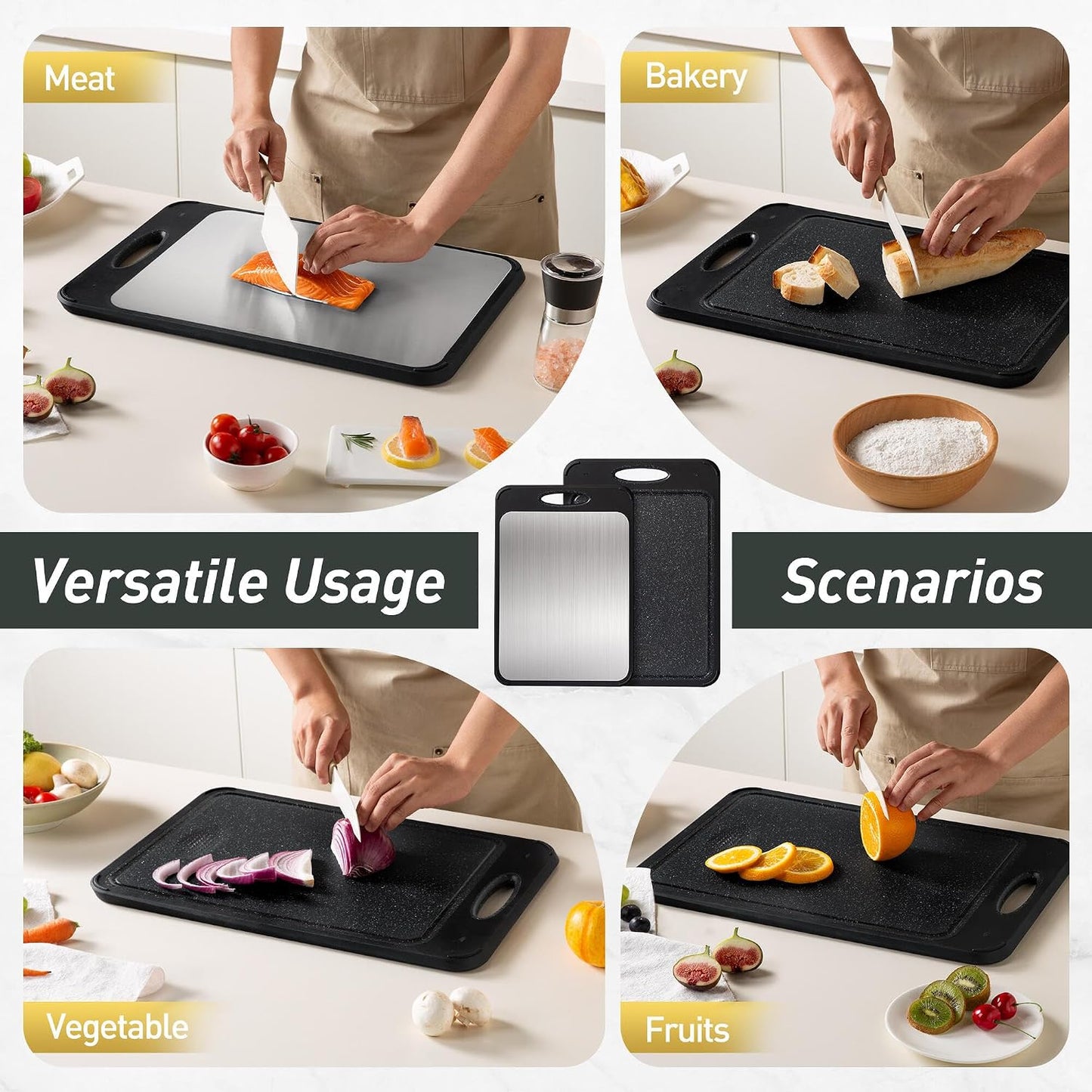 2 Packs Stainless Steel Cutting Board Set, Best Non Toxic Cutting Boards for Kitchen, Double Sided Metal Chopping Board for Meat/Fruit/Vegetables, Food Grade Kitchen Set Gift, [16”×11”+18”×12” Inch]