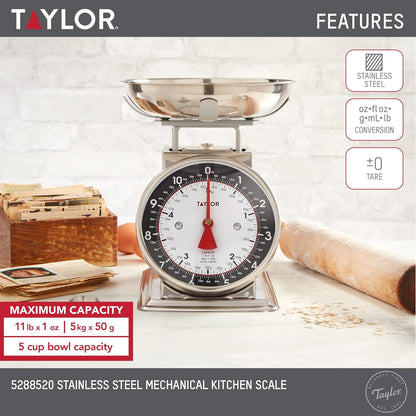 Taylor Vintage Mechanical Kitchen Scale - 11 lb Max Capacity, Silver