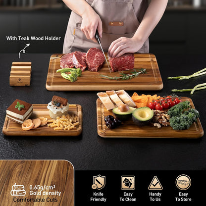 4 Pack Teak Wood Cutting Board Set for Kitchen Heavy Duty Non Toxic Non Slip Solid Thick Wood Haus Chopping Board Extra Large Big Small Meat Best Essential House Warming Hostess Host Gift