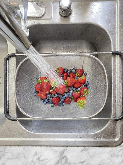 Gormery_Over The Sink Colander Strainer Basket Stainless Steel, for Kitchen Sink with Rubber Grip, Fine Mesh Stainless Steel, Large, Expandable Metal Strainer for Pasta, Food, Vegetables