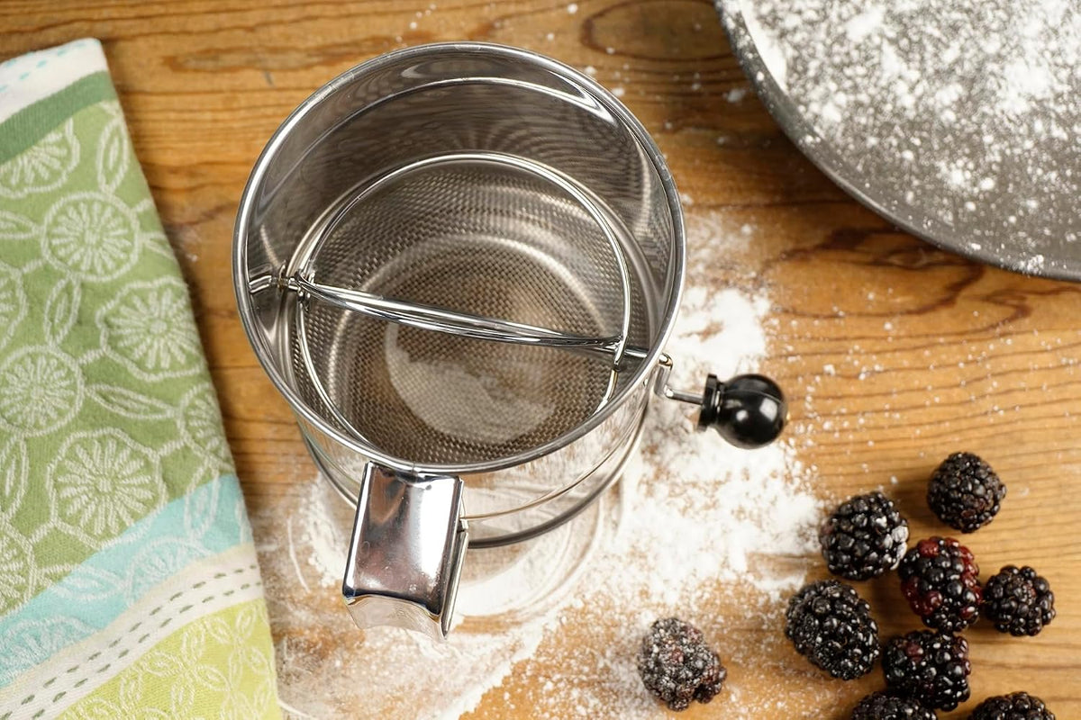RSVP International Endurance® Stainless Steel Vintage One-Hand Sifter, 1 Cup | Top Cakes, Sift Flour, Marinade BBQ & More | Dishwasher Safe | Powder Sugar, Sift Flour, Spread Toppings & More