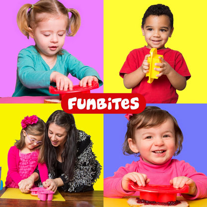 FUNBITES Crustless Sandwich Cutter for Kids Lunch, Uncrustable Sandwich Cutter (6-piece set), Bite-Size Food Cutter for Toddlers, Bento Box Accessories, Dishwasher Safe, Squares/Hearts/Triangles 3pk